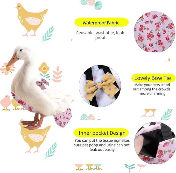MANON ROSA Chicken Diapers Bantam Hens - Reusable 3-Piece Set with Bow Ties Poultry Nappies Washable Waterproof for Geese Pet Ducks Silkie (Floral XS)