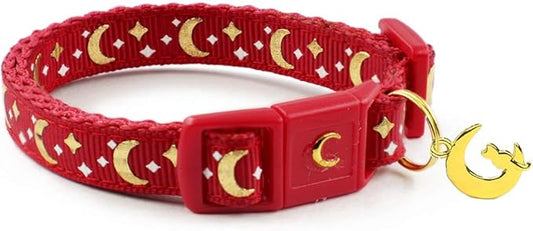 WAAAG Cat Collars, Gold Moons and Stars Cat Collar, Safety Breakaway Cat Collar, Glow in The Dark (Kitten 6.5"-10" Neck, Scarlet)