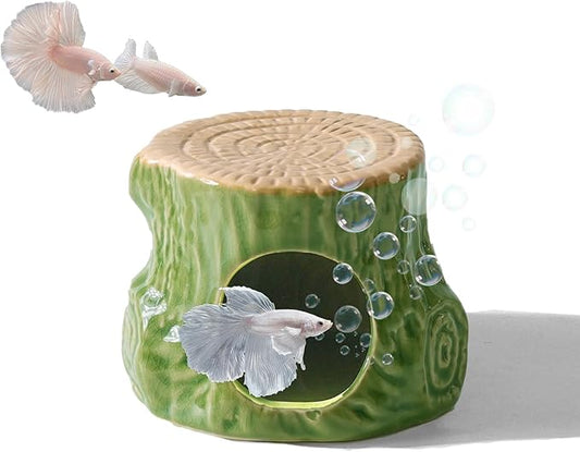 Aquarium Decor Cave Betta Fish Aquarium Accessories Ornaments Hiding Cave Wooden Stake Shape Hideout for Shrimp Cichlid Hermit Crab, Octopus Hiding Breeding for Tank (Green)