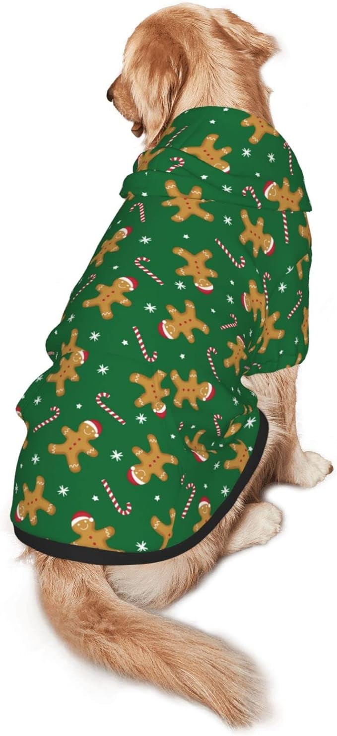 Green Christmas Gingerbread Men Candies Hoodie,Christmas Cosplay Dog Clothes with Pocket and Hat Winter Clothes Sweaters Small