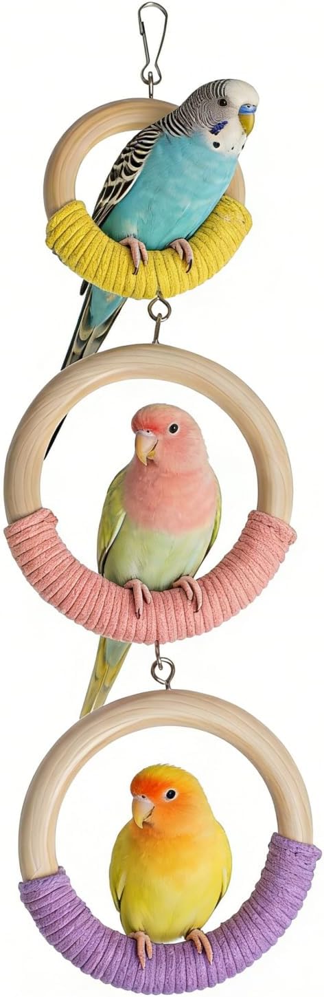 3-Ring Bird Wooden Swing Climbing Toy Chewable Cotton Rope Perch for Cage Cockatiels Budgies Parakeets Lovebirds