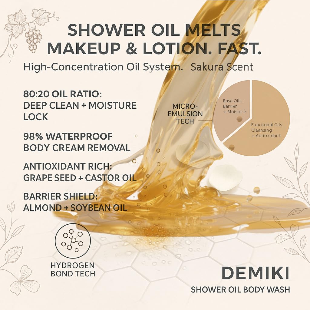 Moisturizing Bath Oil for Dry & Sensitive Skin. Nourishing & Hydrating Winter Care Shower Oil, Soothes & Softens, Locks in Moisture,Sakura Scent, 10 Fl.oz (300ml)