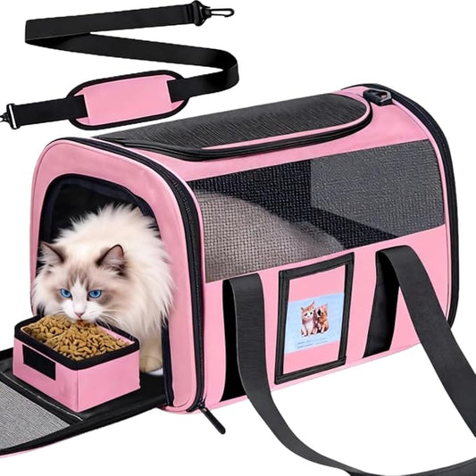 Soft Cat Carrier for Pets Up to 25 lbs, Cat Pet Travel Bag with Padded Shoulder Strap and Detachable Cat Food Bowl, Pet Dog Carriers for Small Dogs and Puppies, Travel Carry, Pink