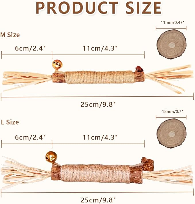 Natural Dried Matatabi Cat Chew Stick with Gall Fruit, Raffia Grass & Bell Cat Ball Toys, Handmade Silvervine Sticks Interactive Catnip Toys for Teething & Entertainment (Size M Color I)
