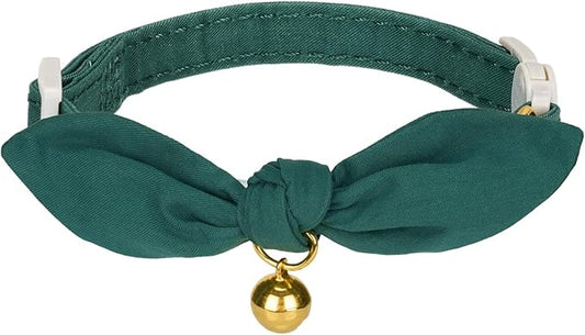 Bunny Ear Cat Collar with Bell and Bow Tie, Breakaway Cute Bowtie Kitten Collars(Dark Green)