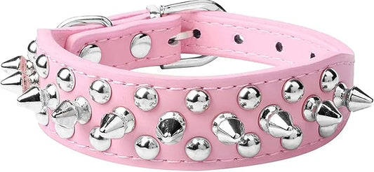Spiked Dog Collar Soft Pu Leather Mushrooms Rivet Spike Studded Puppy Adjustable Pet Collars for Small Breeds (S, Pink)