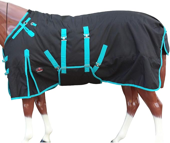 HILASON Black with Turquoise Trims 74 inch 1200D Winter Waterproof Poly Horse Turnout Blanket Belly Wrap
