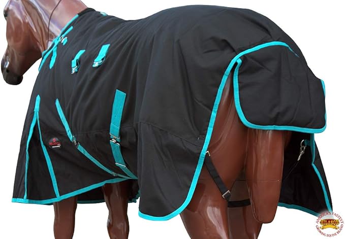 HILASON Black with Turquoise Trims 80 inch 1200D Winter Waterproof Poly Horse Turnout Blanket Belly Wrap