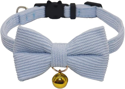 THAIN Cat Collar with Bow Tie and Bell, Breakaway Adjustable Cute Soft Corduroy Kitten Collars Safety Buckle for boy Cats(Solid Light Blue)