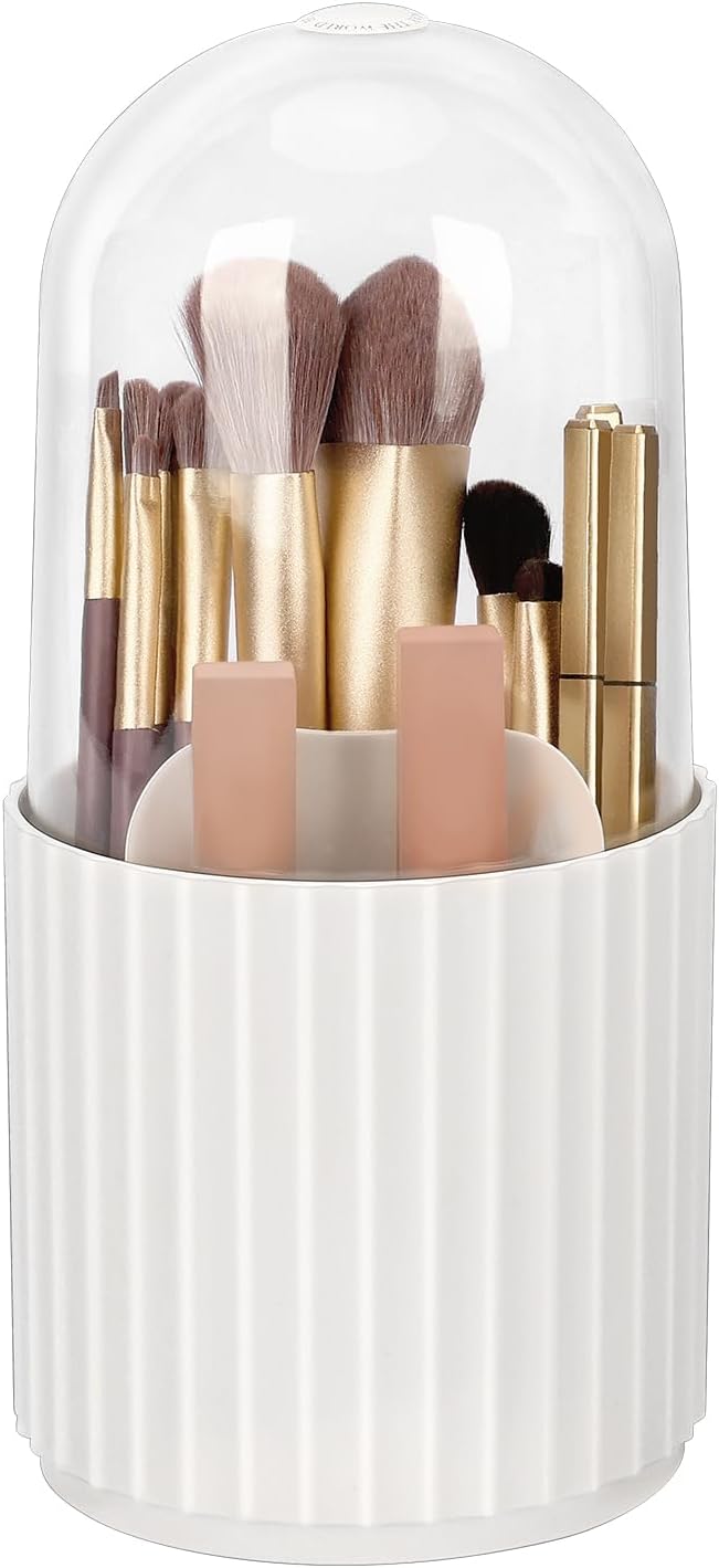 JessLab Makeup Brush Holder Organizer with Lid, 360 Degree Rotatable Makeup Brush Organizer Spinning Cosmetics Holders Brush Storage Box Display for Bathroom Vanity Countertop, White