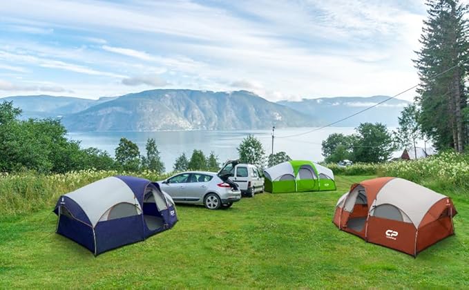 CAMPROS CP Tent 8 Person Camping Tents, Weather Resistant Family Tent, 5 Large Mesh Windows, Double Layer, Divided Curtain for Separated Room, Portable with Carry Bag