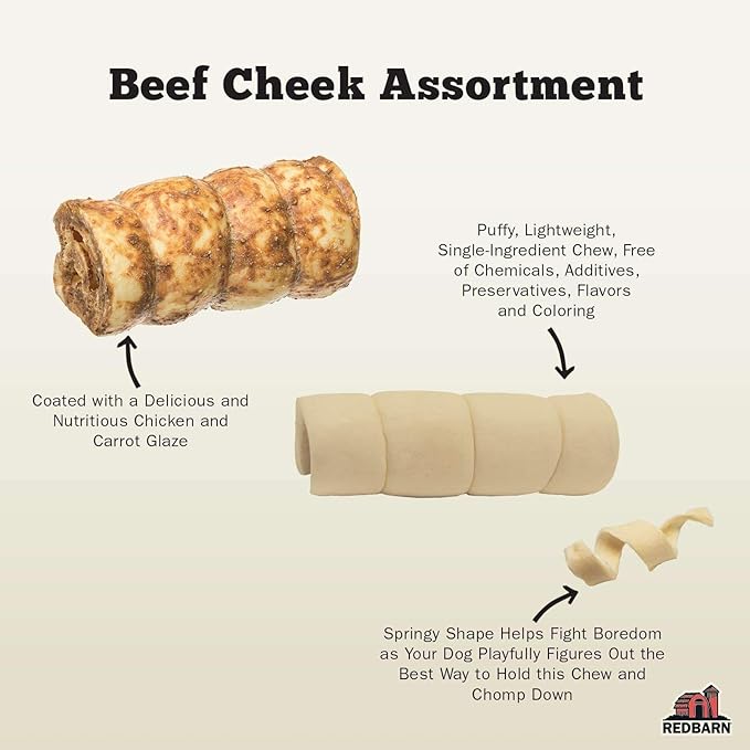Redbarn Pet Products All-Natural Small/Medium Beef Cheek Rolls for Dogs, Chicken & Carrot Glazed - Single Ingredient Grain-Free Chew Treat Naturally Rich in Collagen - 5 Pack - Packaging May Vary