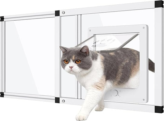 Sliding Cat Door for Window, Fits 37"-45" Width Window, 2-Min Install | Aluminum Frame + HD Glass | Weatherproof Design | Magnetic Closure Window Cat Door Insert, Adjustable Pet Door Window for Cats