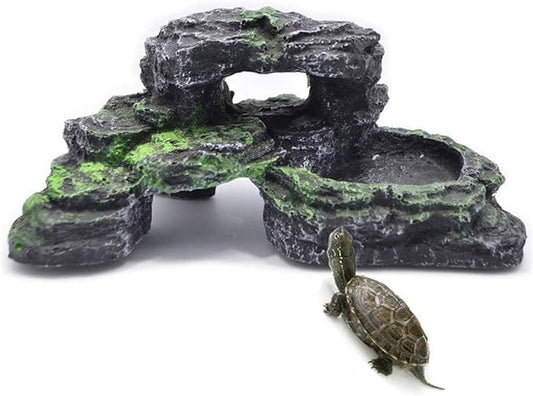 PINVNBY Reptile Hide Resin Turtles Dock for Aquarium (Size: 7.1 x 4.7 x 2.7 inches), Turtle Basking Platform for Small Size Snake Crested Gecko Lizard Frogs Newts