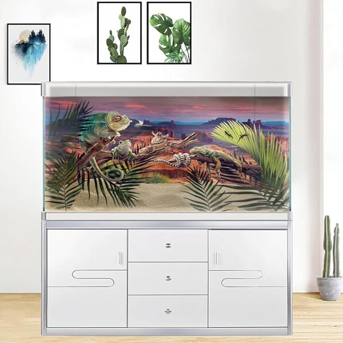 48X18IN Desert Loess Rock Cactus Oasis Reptile Habitat Background, Natural Sunset Desert Themed Terrarium Background, Aquarium Background with 10 EVA Double-Sided Tape