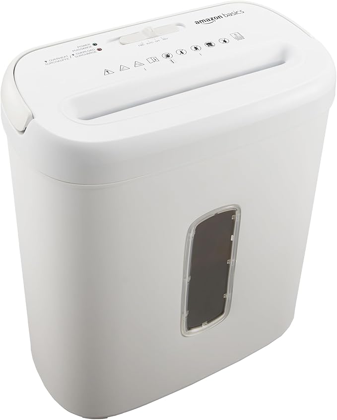 Amazon Basics Cross Cut Paper and Credit Card Shredder for Security - 8-Sheet, Heavy Duty, White