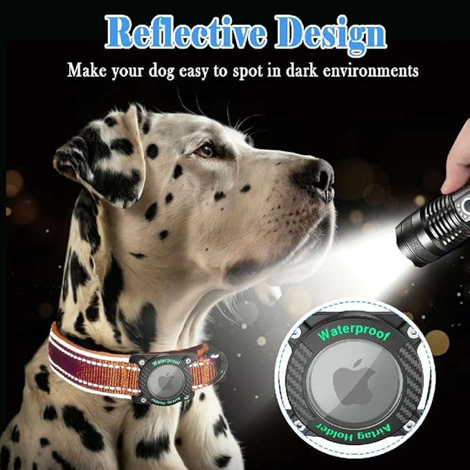 Upgraded AirTag Dog Collar, IP68 Waterproof Dog Collar with Apple Air Tag Holder, Reflective Adjustable Heavy Duty Dog Collars with Soft Padded for Small, Medium and Large Dogs,Orange, M