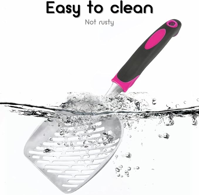 Cat Litter Scoop-Metal Cat Scooper-Long Handle Scoop,Cat Scooper-Poop Sifting-Mesh Shovel-Suitable for Cat Litter Box, (Rose Red)