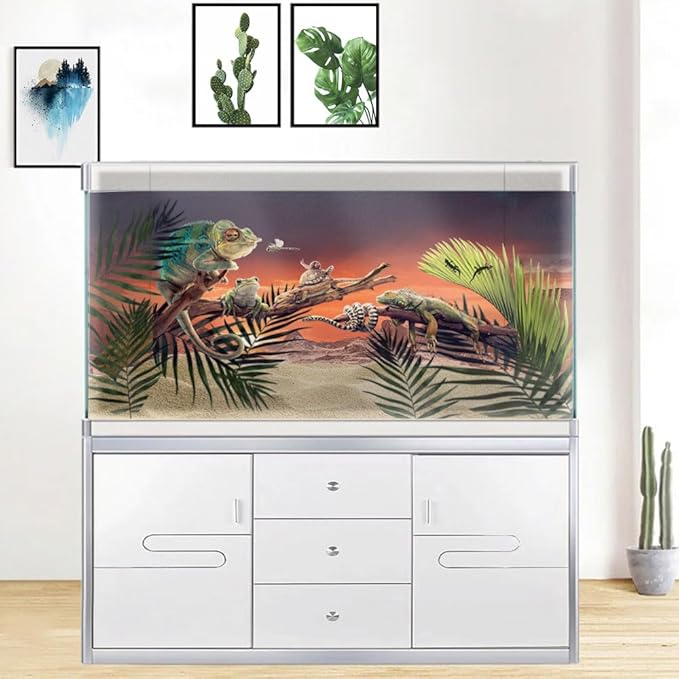 36X18IN Sun and Desert Moon Themed Reptile Habitat on Orange Durable Decorative Background, Terrarium Background with 10EVA Double-Sided Tape