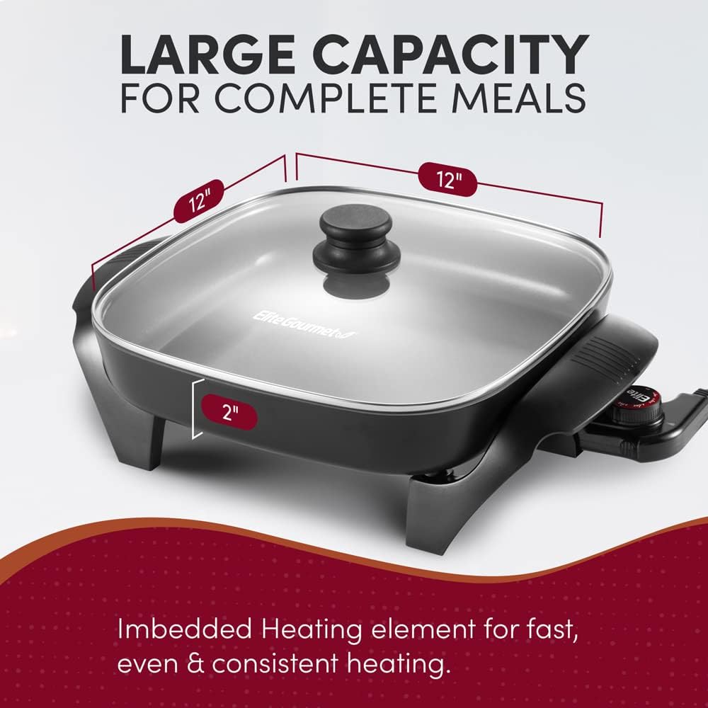 Elite Gourmet EG2212X 12"x12"x2.15” Ceralast™ PFAS Free Ceramic Electric Skillet, Dishwasher Safe, Rapid Heat Up, 1200W, Dark Grey