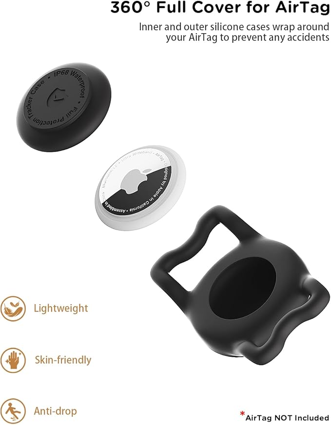 IP68 Waterpoof Dog Airtag Holder, Stretchy Silicone Full Body Covered Apple Air Tag Holder for Dog Cat Collar Fit All Width Collar (Black, 1 Pack)