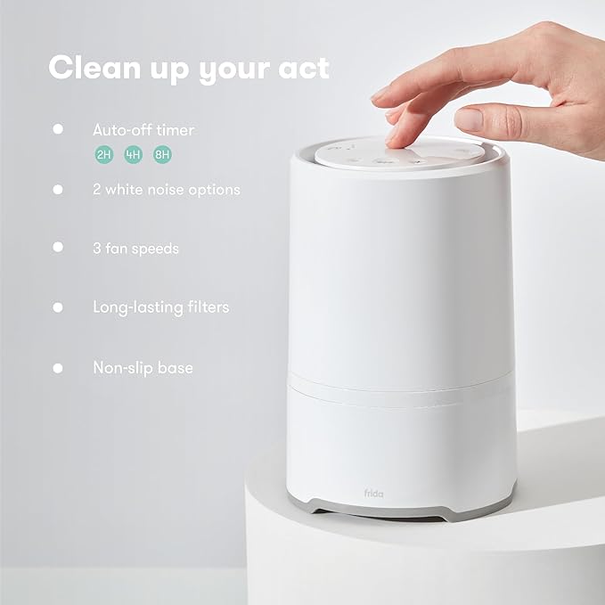 Frida Baby 3-in-1 Baby Air Purifier for Allergy Relief, Sound Machine for Sleeping + Nightlight, HEPA Filter Purifier for Bedroom with 3 Fan Speeds, Easy-Change Filter, Auto-Off Timer