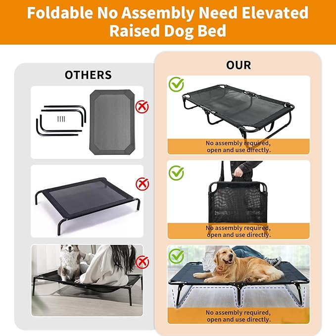 Elevated Dog Bed Large Sized Dog Cots Beds for Large Dogs Foldable Raised Dogs Beds Outdoor Cooling Chew-Proof, No Assembly Need, Black