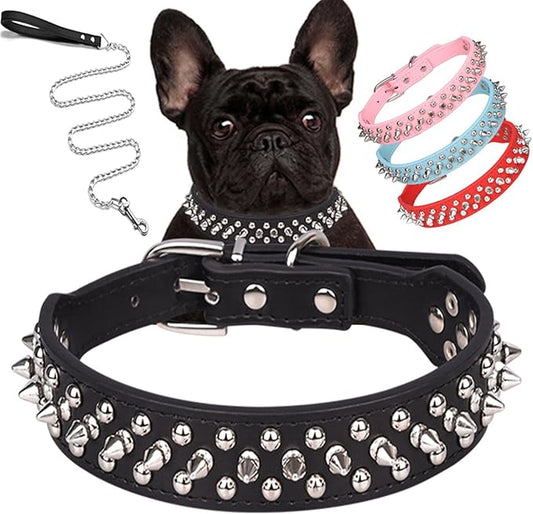 Spiked Dog Collar Soft Pu Leather Mushrooms Rivet Spike Studded Puppy Adjustable Pet Collars for Small Breeds (L, Black Set)