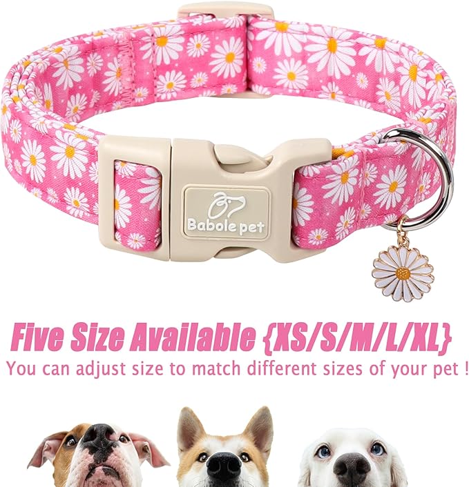 Summer Daisy Dog Collar, Cute Floral Adjustable Pink Dog Collars for Puppy Small Dogs, Lightweight Quick-Release Buckle Collar for Boy&Girl Dogs XS