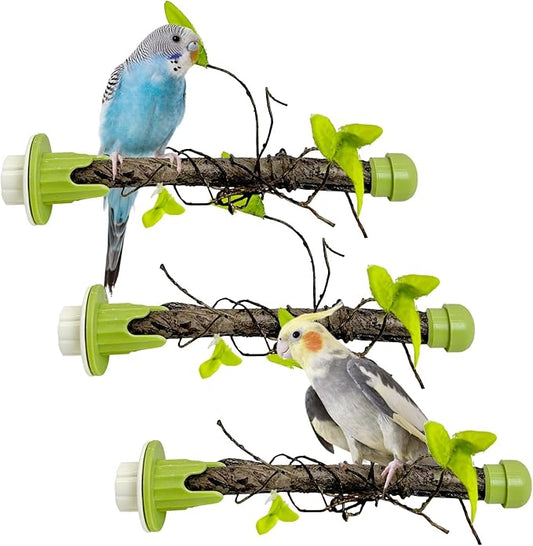 PINVNBY 3 PCS Bird Perches Simulation Branch Parrot Cage Perch Stand with Green Leaf Hanging Paw Grinding Fork Cage Accessories for Parakeets Budgies Finches Cockatiels Conures