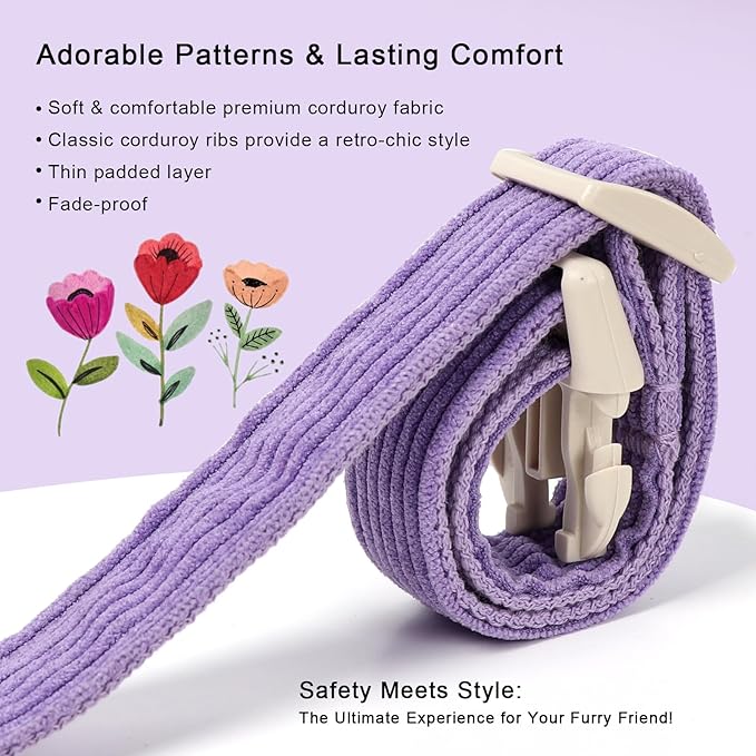 Cute Corduroy Dog Collar - Lavender Adjustable Dog Collars for Large Dogs 50-80lbs, Fade-Proof with Secure Snap & Little Charm, Christmas Birthday Gift, L