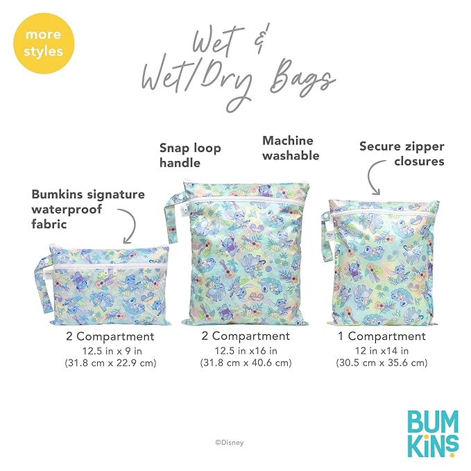Bumkins Disney Waterproof Wet Dry Bag for Baby, Travel, Swimsuit, Cloth Diapers, Pump Parts, Pool, Beach, Gym Clothes, Toiletry, Hook to Stroller, Daycare, Zip Reusable Wetdry, Mickey and Friends Blue