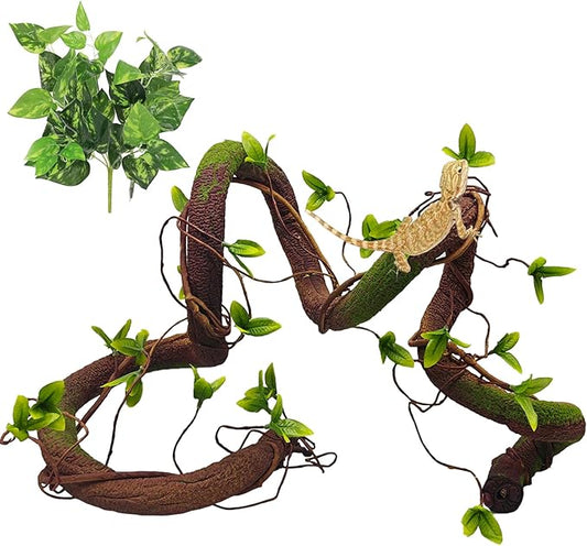 BNOSDM Reptile Jungle Vines with Leaves,Flexible Reptile Climbing Vines Branch,Chameleon Bendable Plants Tank Accessories,Pet Habitat Decor for Bearded Dragon,Snakes,Geckos,Lizards