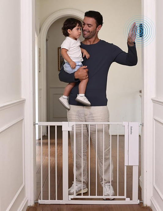 Babelio Smart Baby Gate with Auto-Unlock/Close, Pressure Mounted No Drill for Doorways/Top of Stairs. Pet/Dog Door Wide Walk Thru w/Infrared Sensor & Instant Safety Alert (White, 26.3-37.8" W, 30" H)