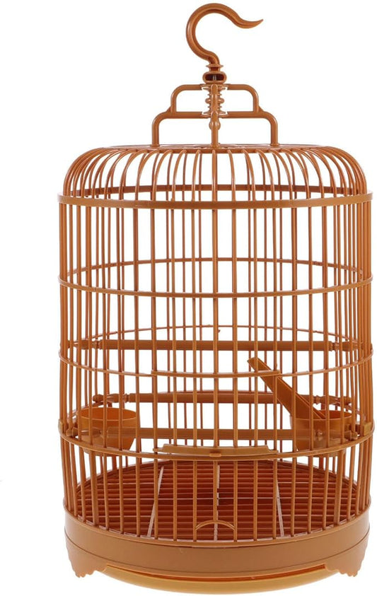 VILLCASE Round Bird Cage for Small Birds, 9.8" X 17.6 “ Plastic Travel Carrier for Parakeets Budgies Finches, Vintage Hanging Style Birdcage Prop with Feeder Cups for Vet Visits & Decor Snap-Fit
