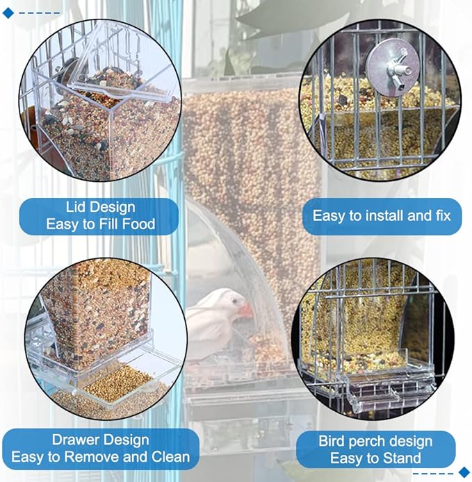 Hamiledyi No Mess Bird Feeders Automatic Parrot Feeder Drinker Acrylic Seed Food Container Parakeet Water Dispenser Cage Accessories for Lovebirds Budgies Canary Finch