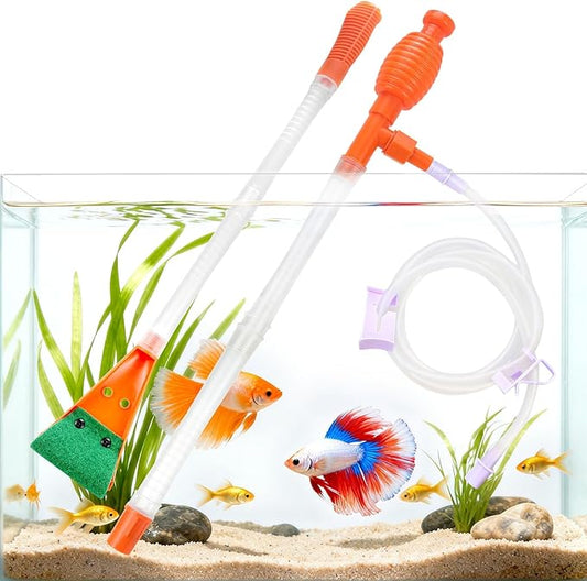 Fish Tank Cleaner Gravel Vacuum for Aquarium Water Changer Aquarium Siphon with Double Sided Sponge Brush Algae Scraper Fish Tank Cleaning Kit for Cleaning Gravel & Sand (Orange)