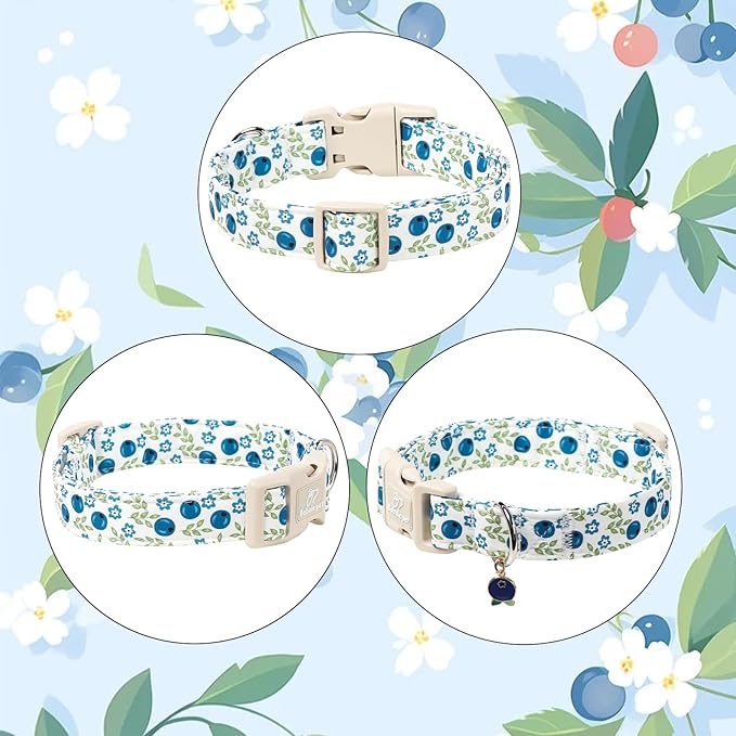Spring/Summer Dog Collar for Small Dogs - Fresh Blueberry Girl Boy Dog Collars, Soft Lightweight Puppy Collar, Breathable Adjustable Male Female Fruit Floral Dogs Collars XS