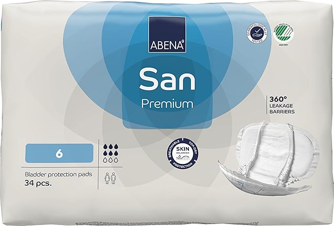 Abena San Premium Incontinence Pads, Moderate Absorbency, (Sizes 4 to 7), Size 6, 34 Count