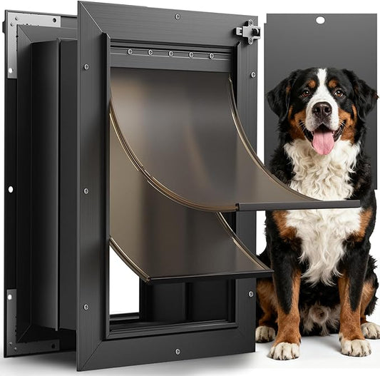 XL Dog Door for Wall, All Aluminum Extra Large Dog Door, Heavy Duty Pet Door Easy to Install, 2 Magnetic Flaps Energy Efficient, Telescoping Tunnel for Exterior Walls, Pet Up to 220 Lb-Black
