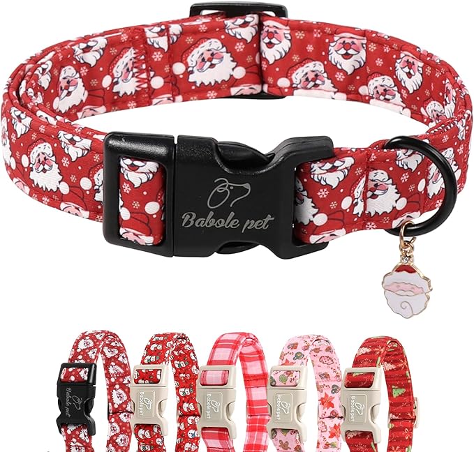Christmas Dog Collar - Cute Red Santa Christmas Puppy Collar with Safety Buckle, Soft Adjustable Holiday Dog Collars for Small Medium Large Dogs L