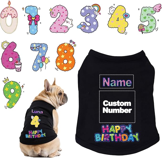 Custom Dog Birthday Shirt,Personalized Pet Apparel Print with Name Age Number,Pet Birthday Outfit,Lightweight Breathable Cotton Vest for Small Medium Large Dogs Cat (Black, Medium)