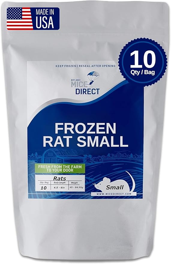 MiceDirect EST. 2003 10 Frozen Rat Small Feeders Snake Food for Adult Ball Pythons and Red Tail Boas Lizards Monitors (4.5-6 in)(450 Grams)(Unflavoring)