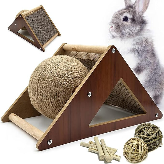 Rabbit Scratching Pad Cardboard, Natural Sisal Bunny Scratch Ball 2-in-1 Rabbits Enrichment Toys Pet Scratcher Interactive Toy for Indoor Bunnies Ferrets Chinchillas Small Animals
