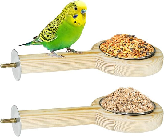 ASOCEA 2 Pack Bird Perch Feeding Cup, Bowls for Cage Wooden Perch Stand Hanging Bowls for Bird Cage Accessory Parrot Wood Perch Stand Toy for Parakeet Lovebird Cockatiel Budgie