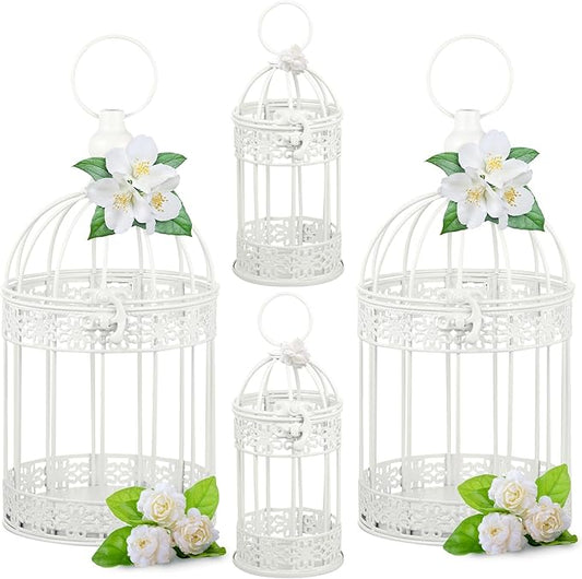 Sliner 4 Pcs Birdcage Candle Holder Valentine Decorative Bird Cages for Weddings Vintage Candlestick Holders Metal Lanterns Model Wedding Candle Centerpieces for Tables Valentine Home Decor(White)