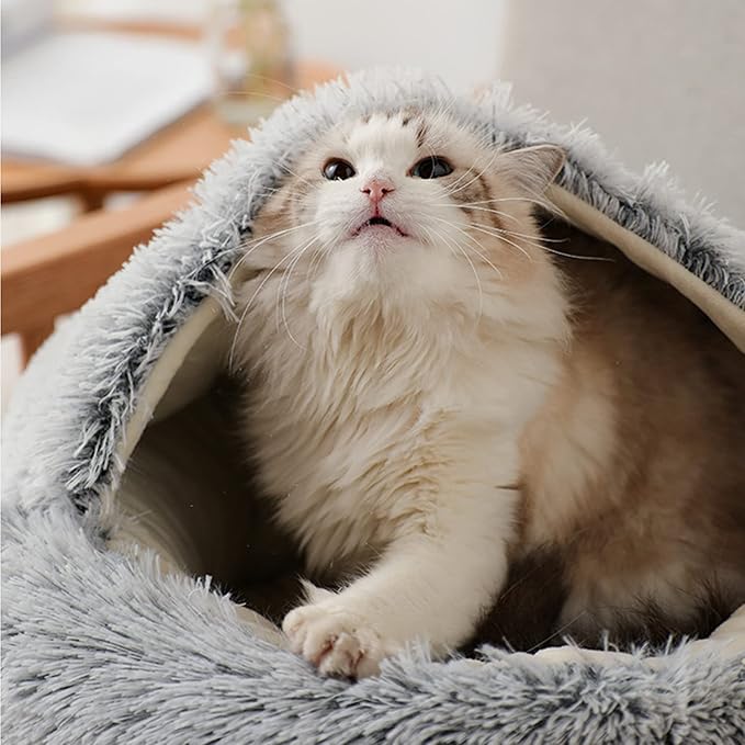 YUDANSI Cat Bed Hooded for Indoor Cats, Dog Bed with Large Covered Hood for Small Dogs Cats Puppy Kitty, Anti Anxiety Donut Cuddler, Anti Slip Plush Faux Fur Enclosed Pet Nest (Washable)(Gray-20inch)