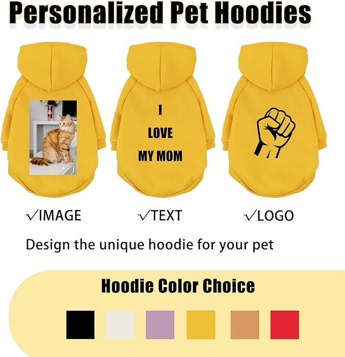 Custom Dog Hoodie, Personalized Sweatshirt with Photo Text Name Logo, Customized Hooded Sweater for Small Medium Large Dogs & Cats (Yellow, Medium)