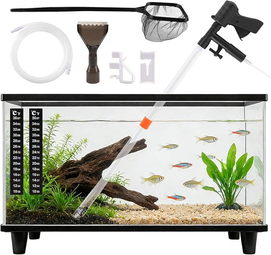 Aquarium Gravel Cleaner, Fish Tank Cleaner Kit, Aquarium Manual Press Noiseless Water Changer, Including Net,Thermometers & Cleaning Accessories for Fish Tank Maintenance