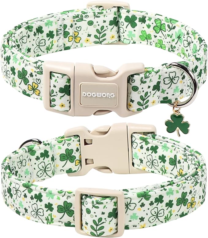 DOGWONG St Patrick's Dog Collar, Green Clover Pet Collar Cotton Holiday Pet Collar Cute Puppy Collar Adjustable Pet Dog Collars for Small Dogs,XS